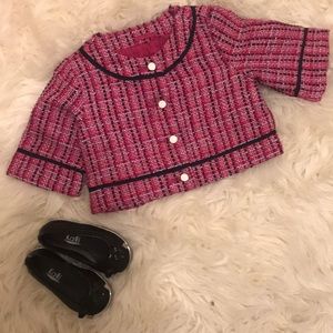Tweed jacket + black ballet flat slip ons